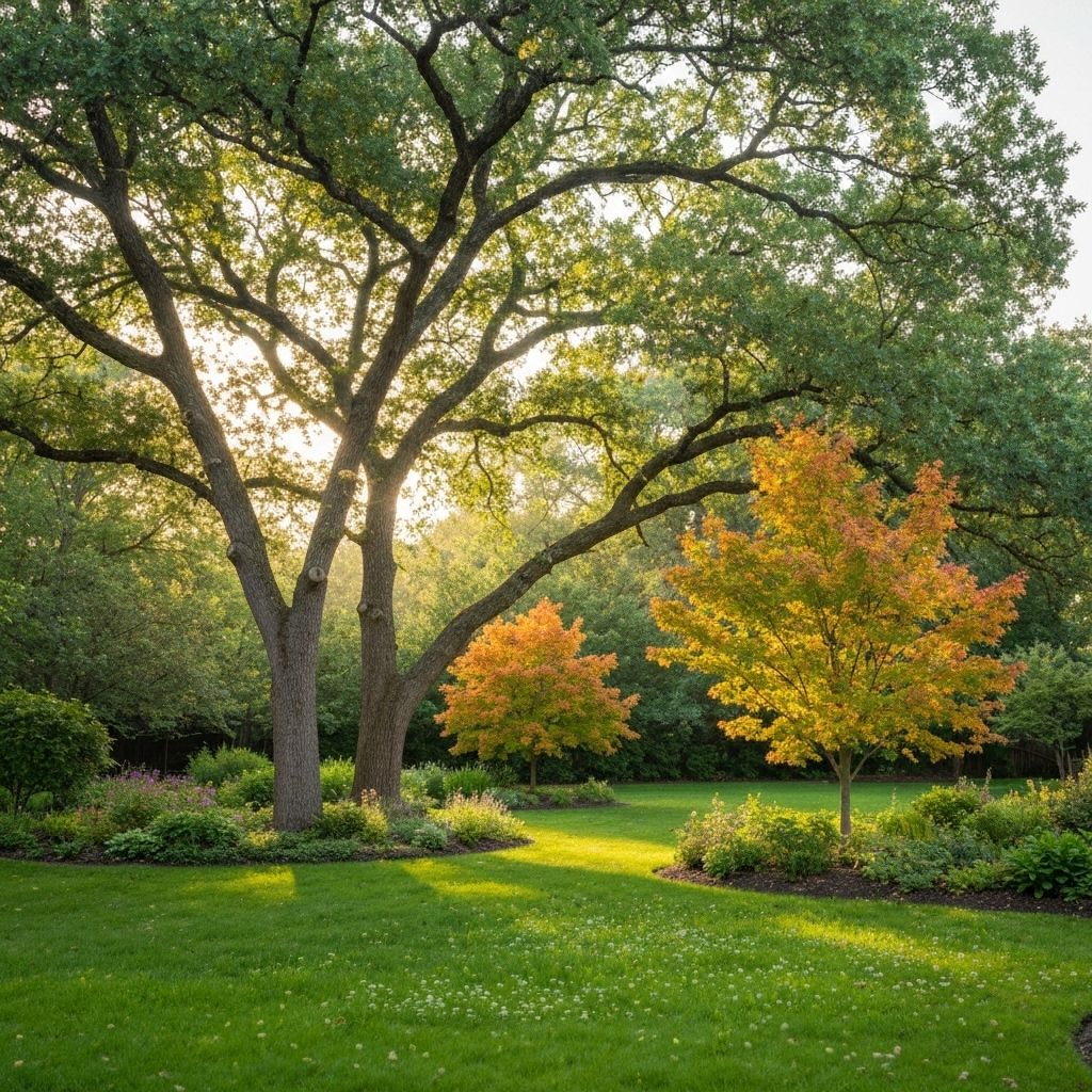 Backyard landscape with mature trees